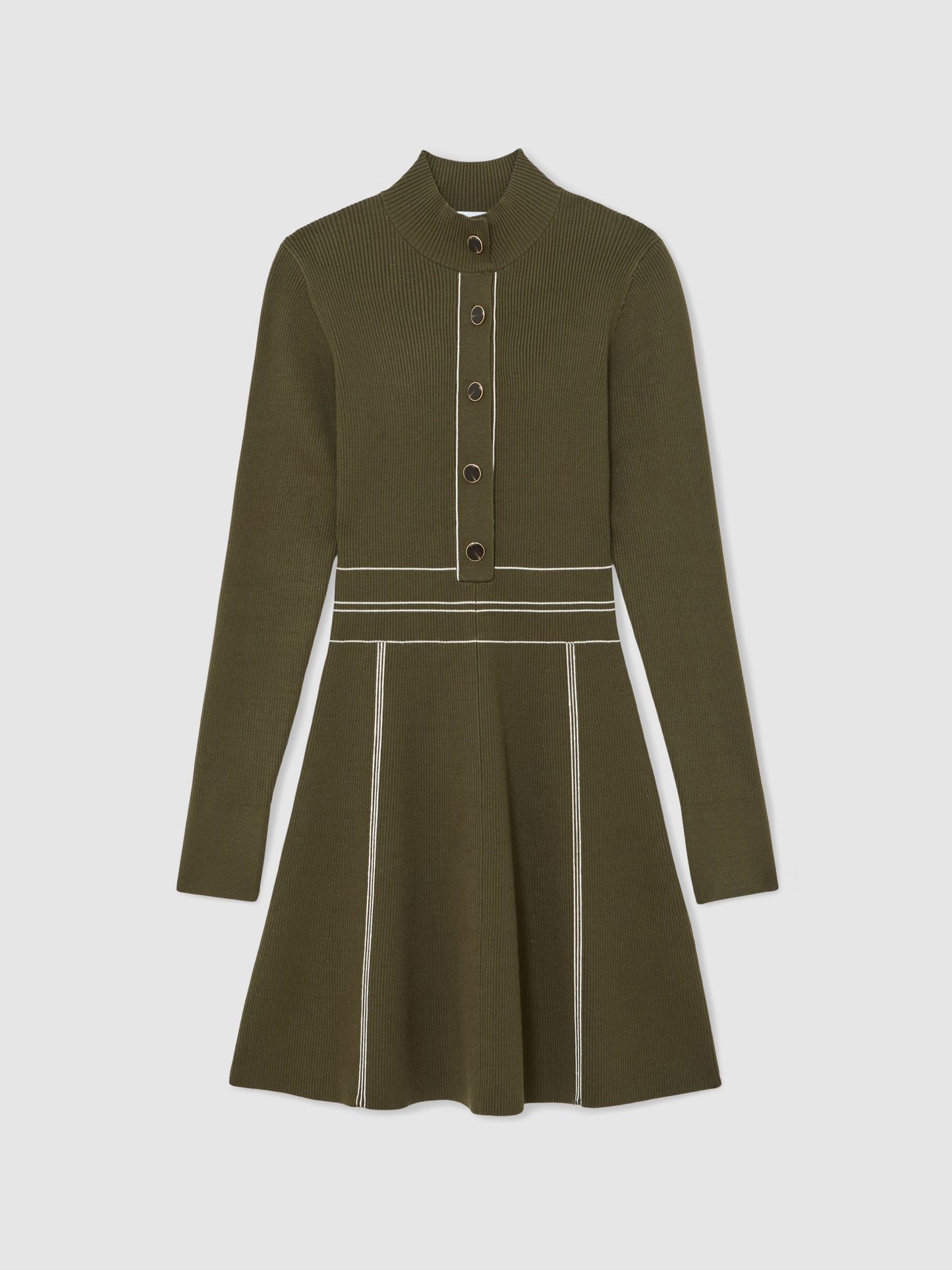 Contrast-Stitch Knitted Mini Dress in Khaki Green