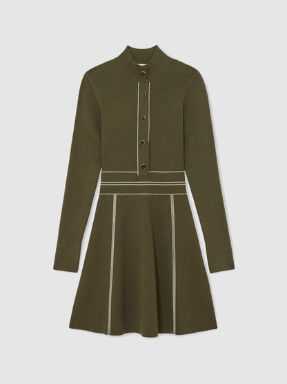 Contrast-Stitch Knitted Mini Dress in Khaki Green
