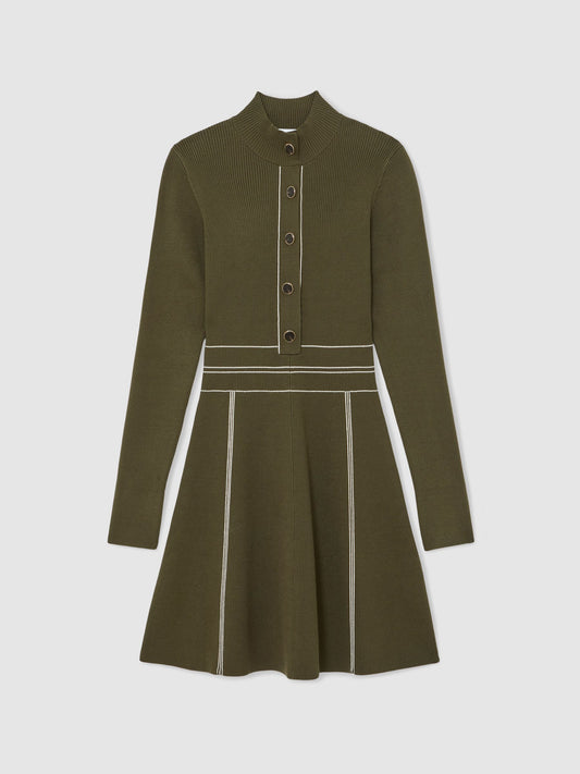 Contrast-Stitch Knitted Mini Dress in Khaki Green