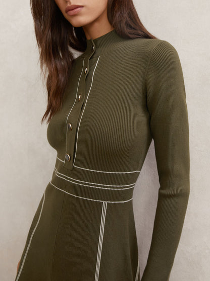 Contrast-Stitch Knitted Mini Dress in Khaki Green