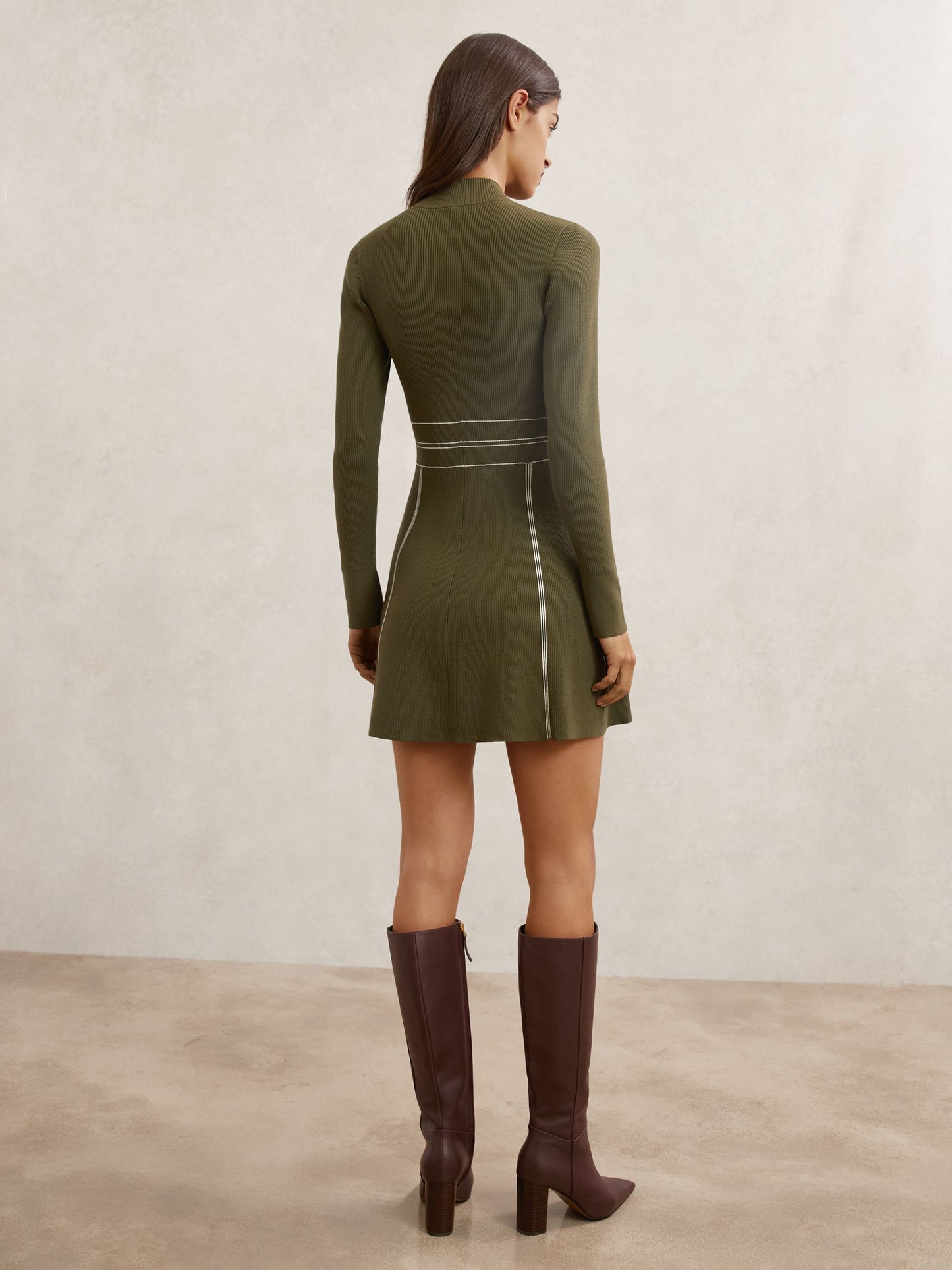 Contrast-Stitch Knitted Mini Dress in Khaki Green