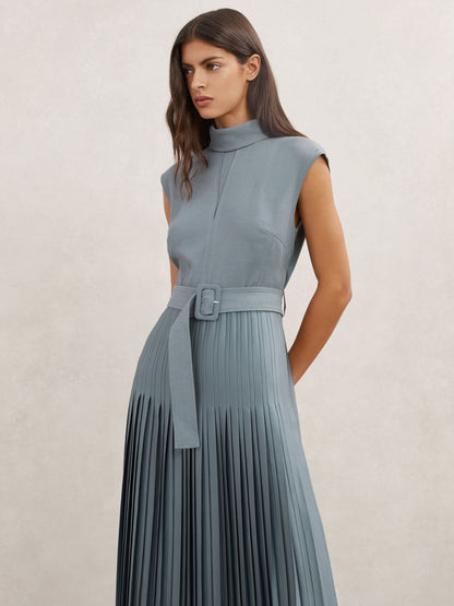 Roll-Neck Belted Pleated Midi Dress in Blue