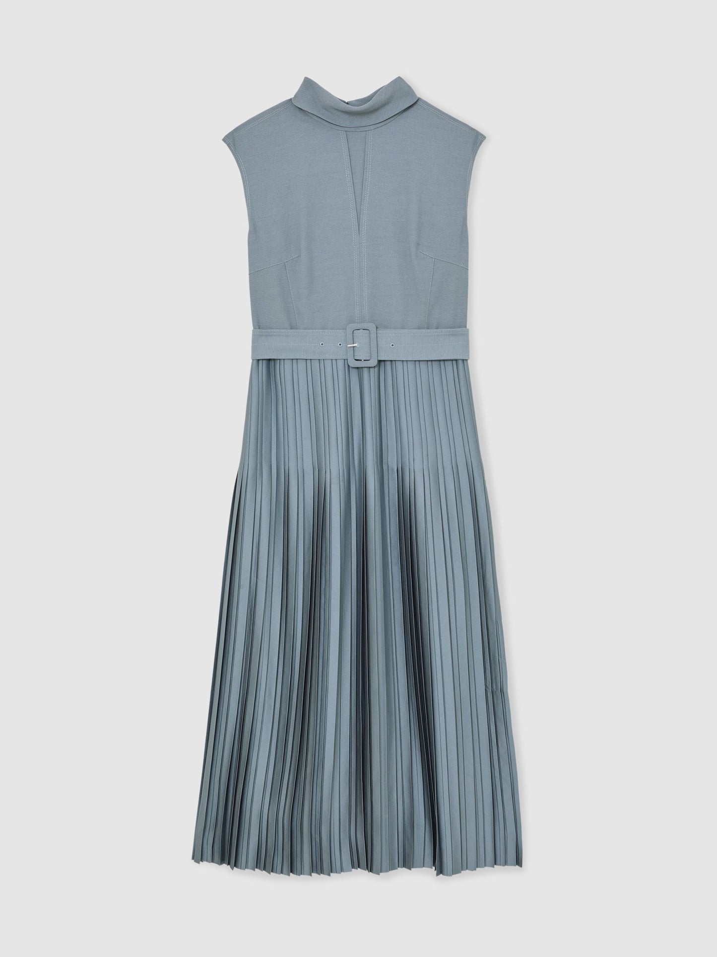 Roll-Neck Belted Pleated Midi Dress in Blue