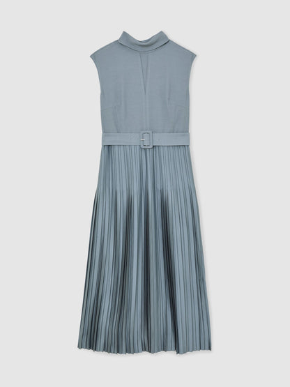 Roll-Neck Belted Pleated Midi Dress in Blue