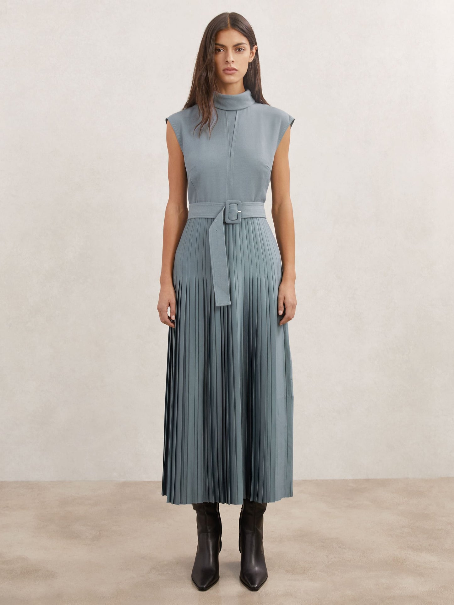 Roll-Neck Belted Pleated Midi Dress in Blue