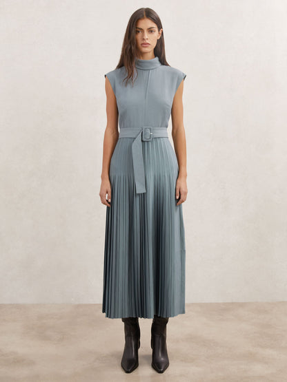 Roll-Neck Belted Pleated Midi Dress in Blue