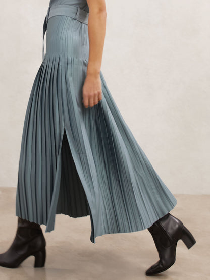 Roll-Neck Belted Pleated Midi Dress in Blue
