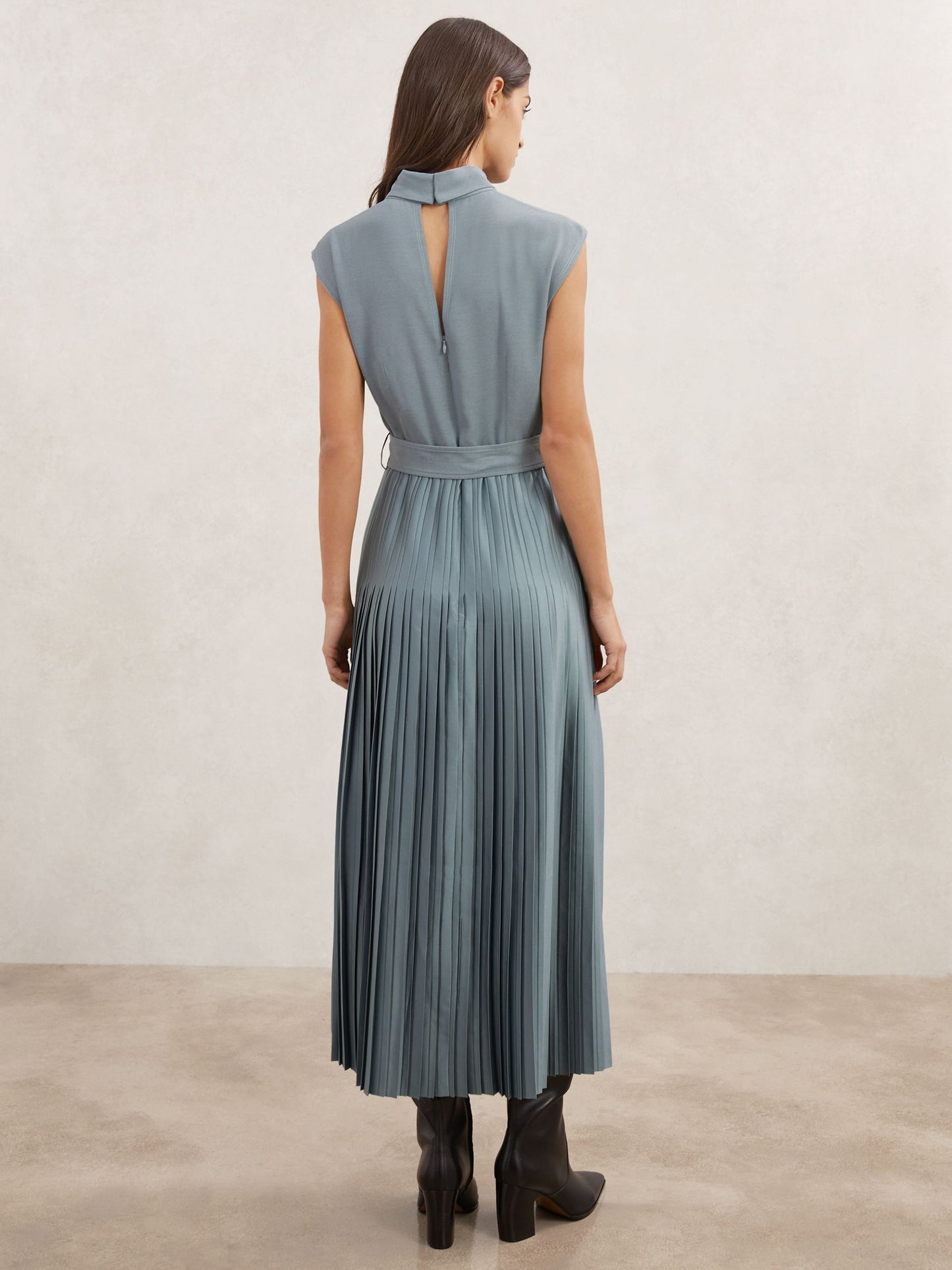 Roll-Neck Belted Pleated Midi Dress in Blue