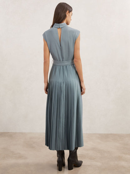 Roll-Neck Belted Pleated Midi Dress in Blue