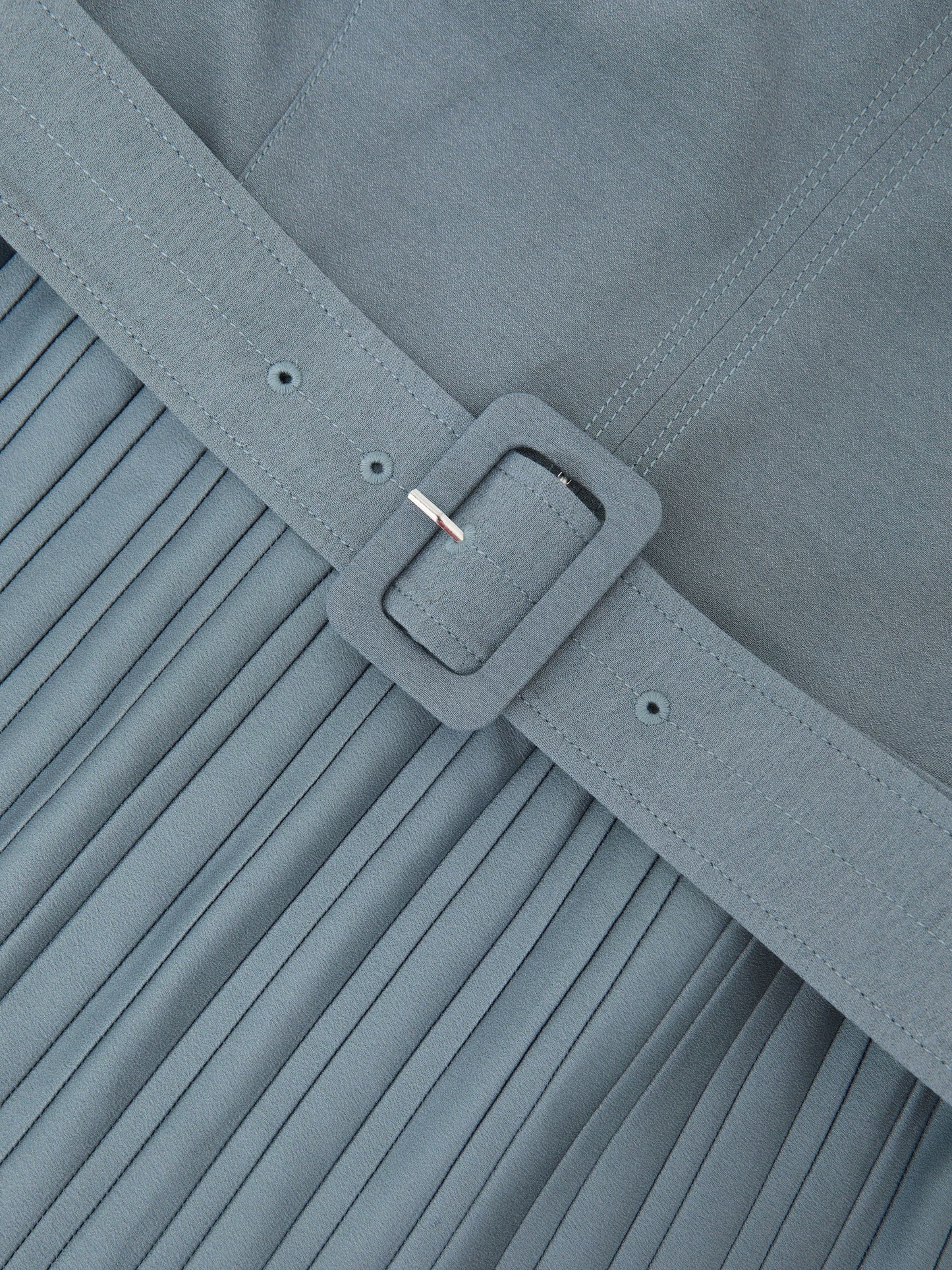 Roll-Neck Belted Pleated Midi Dress in Blue