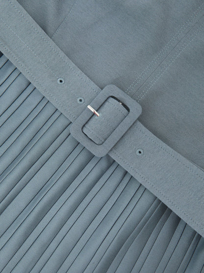 Roll-Neck Belted Pleated Midi Dress in Blue