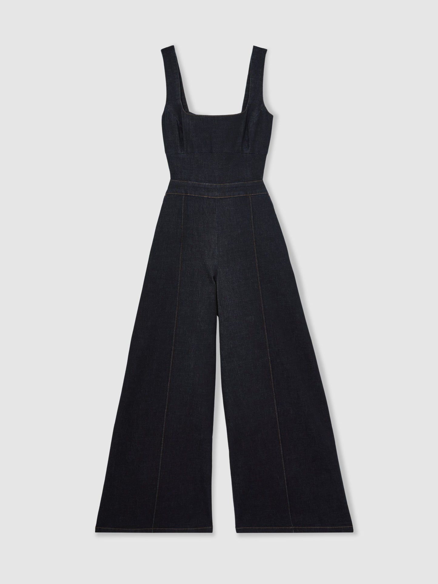 Wide-Leg Cut-Out Denim Jumpsuit in Dark Blue