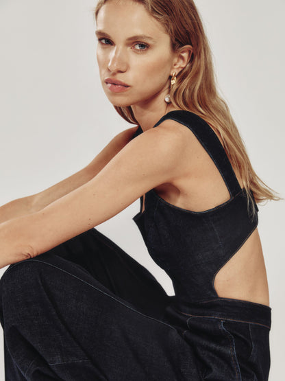 Wide-Leg Cut-Out Denim Jumpsuit in Dark Blue