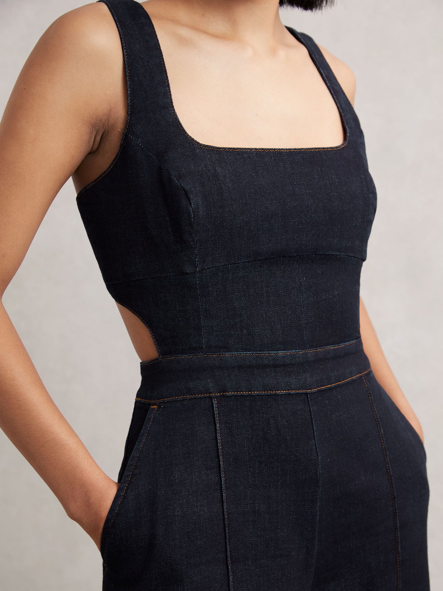 Wide-Leg Cut-Out Denim Jumpsuit in Dark Blue