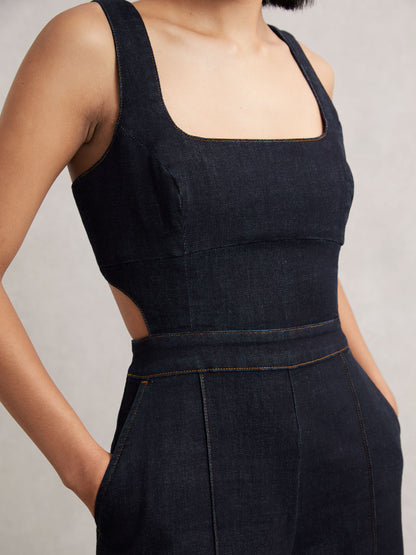 Wide-Leg Cut-Out Denim Jumpsuit in Dark Blue