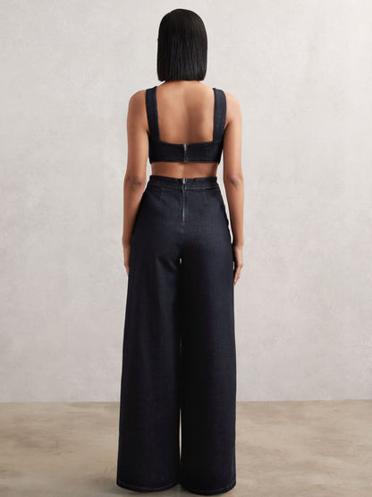 Wide-Leg Cut-Out Denim Jumpsuit in Dark Blue