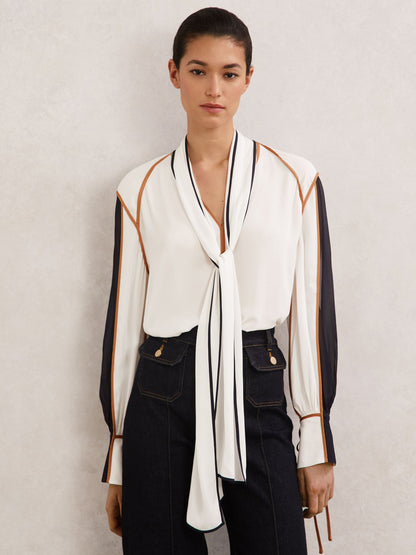 Tipped Tie-Neck Blouse in Ivory