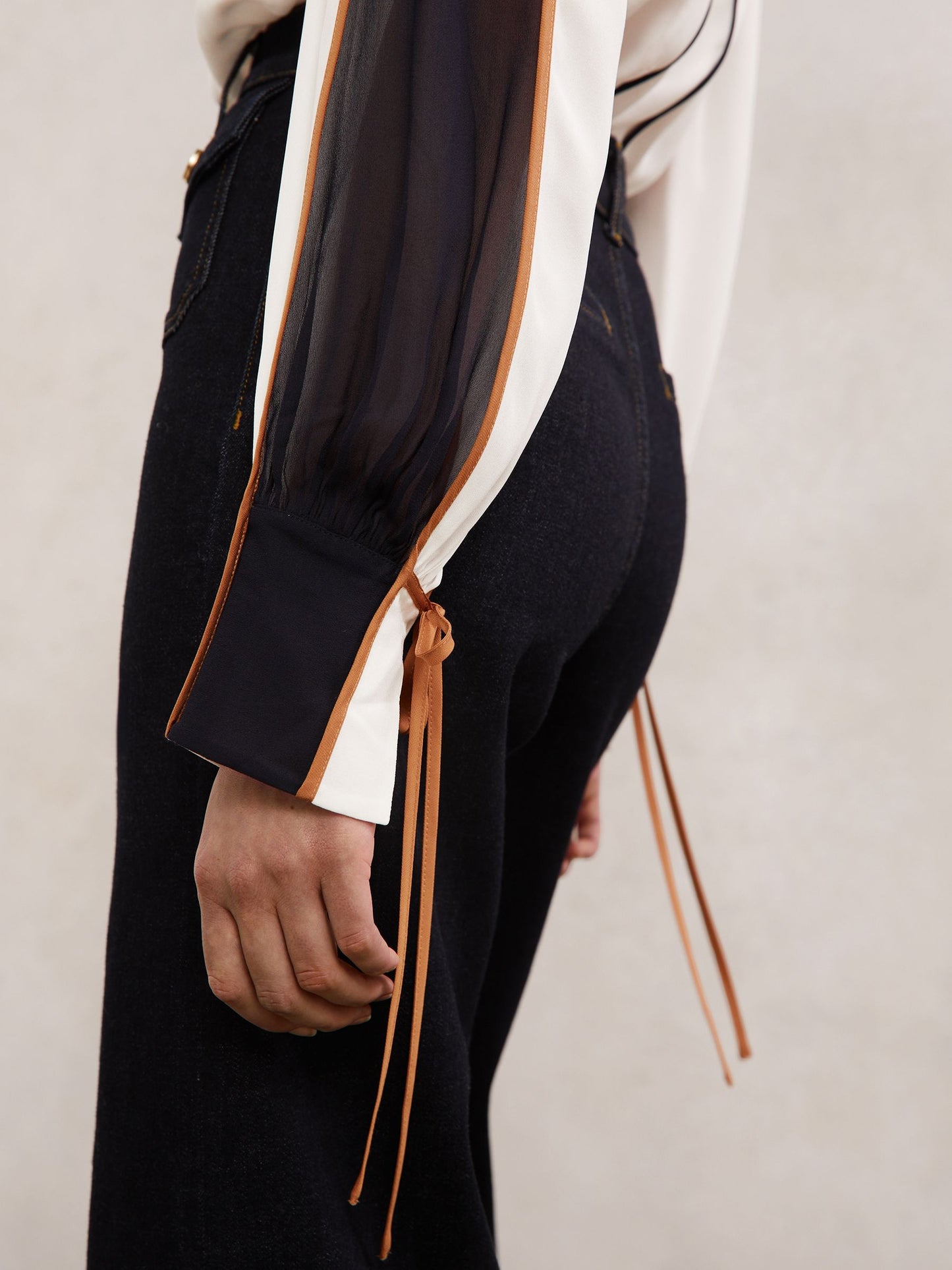 Tipped Tie-Neck Blouse in Ivory