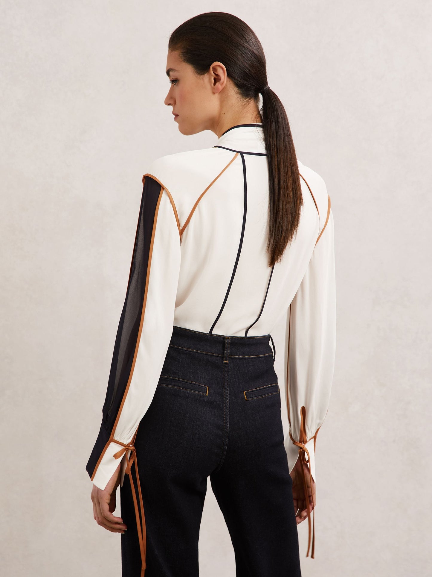 Tipped Tie-Neck Blouse in Ivory