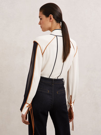 Tipped Tie-Neck Blouse in Ivory