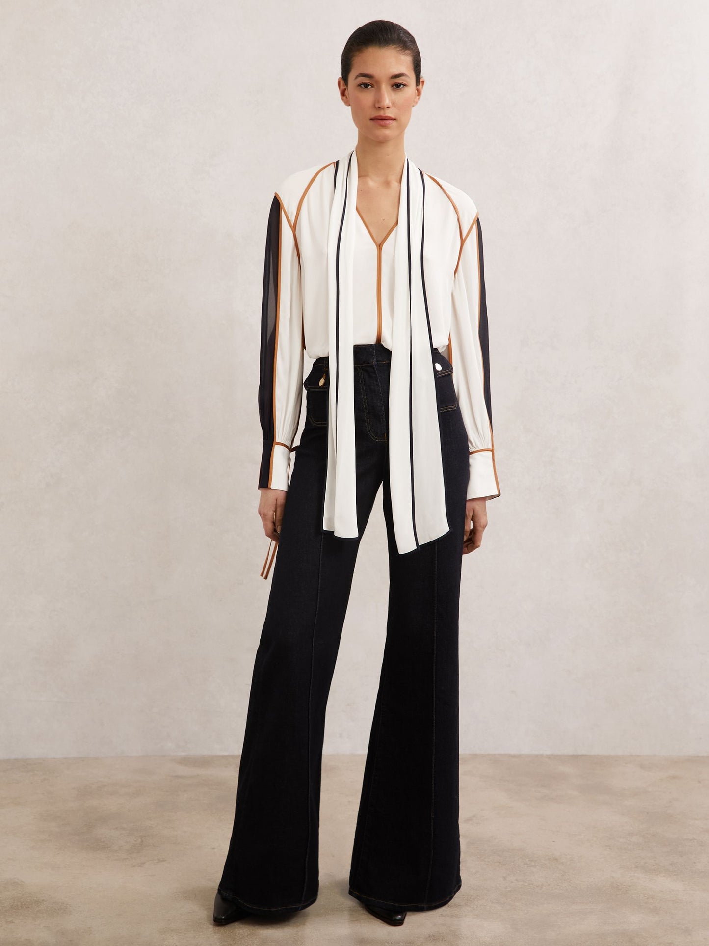 Tipped Tie-Neck Blouse in Ivory