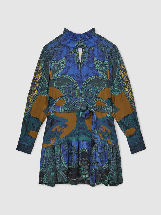 Paisley-Print Belted Mini Dress in Blue