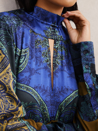 Paisley-Print Belted Mini Dress in Blue