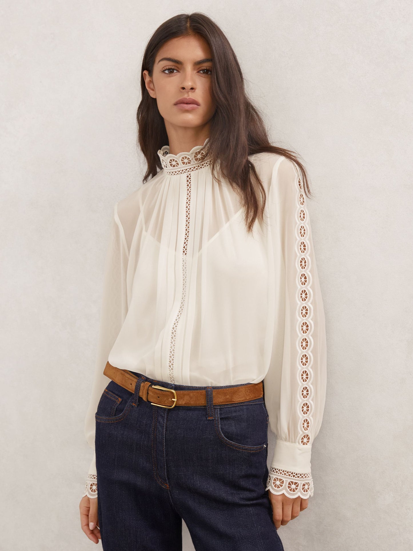 Ori Lace-Trim Sheer Blouse in Cream