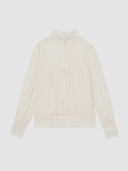 Ori Lace-Trim Sheer Blouse in Cream