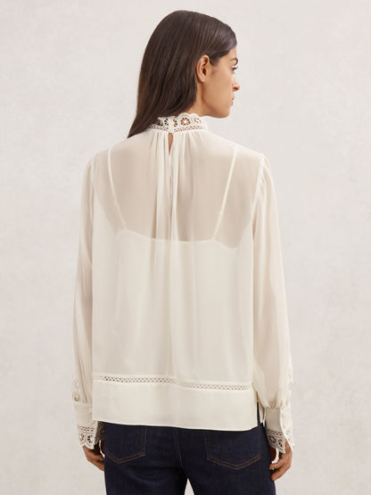 Ori Lace-Trim Sheer Blouse in Cream