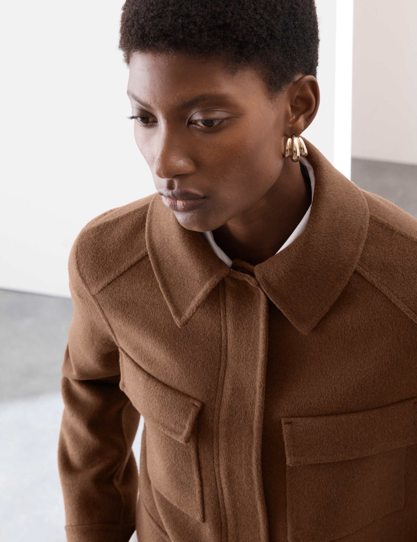 Wool Blend Collared Cropped Utility Jacket