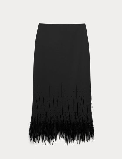 Wool Blend Embellished Tassel Midi Skirt