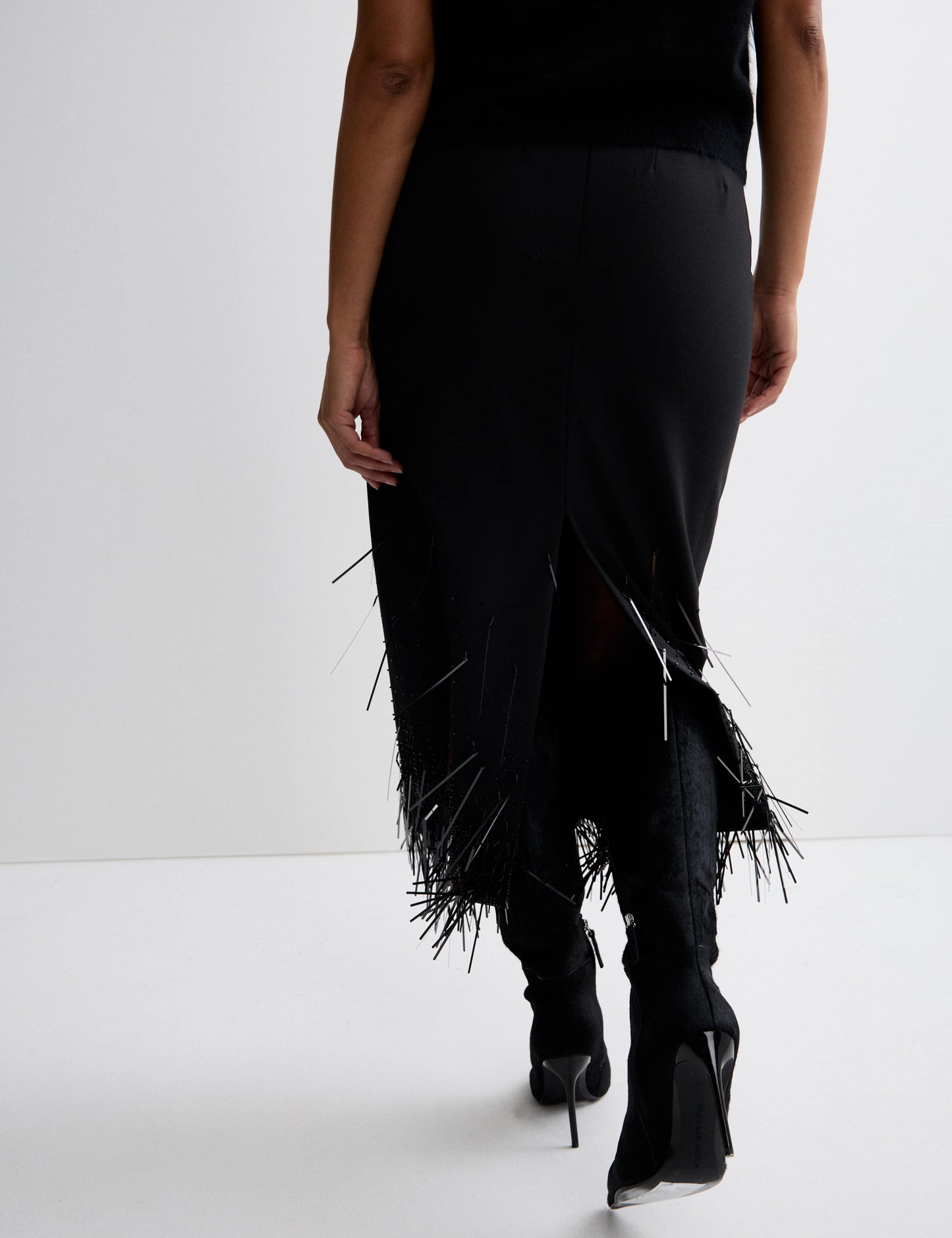 Wool Blend Embellished Tassel Midi Skirt