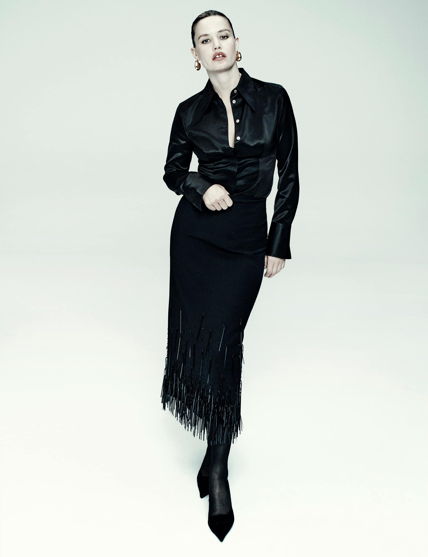 Wool Blend Embellished Tassel Midi Skirt