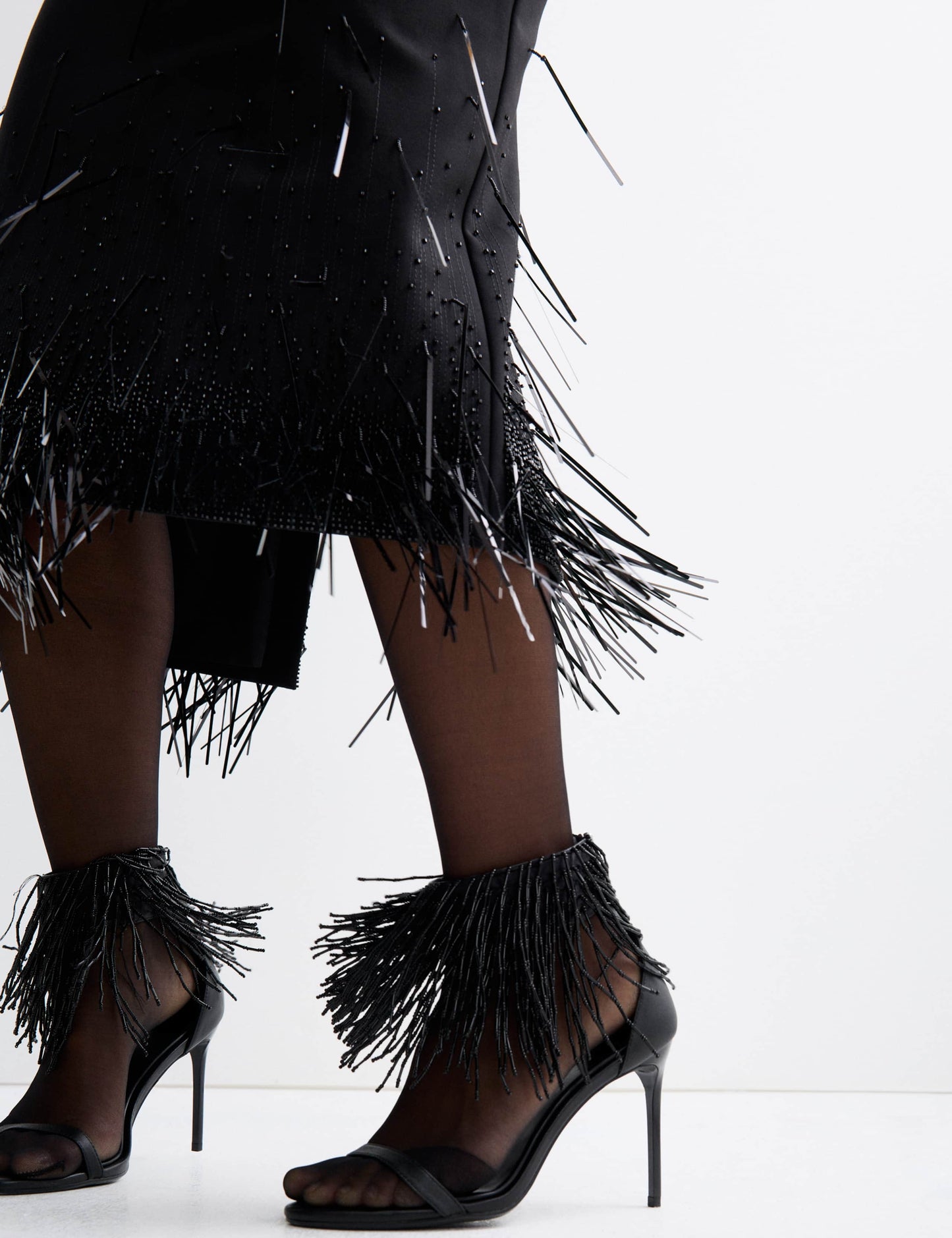 Wool Blend Embellished Tassel Midi Skirt