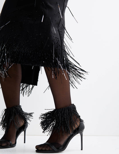 Wool Blend Embellished Tassel Midi Skirt