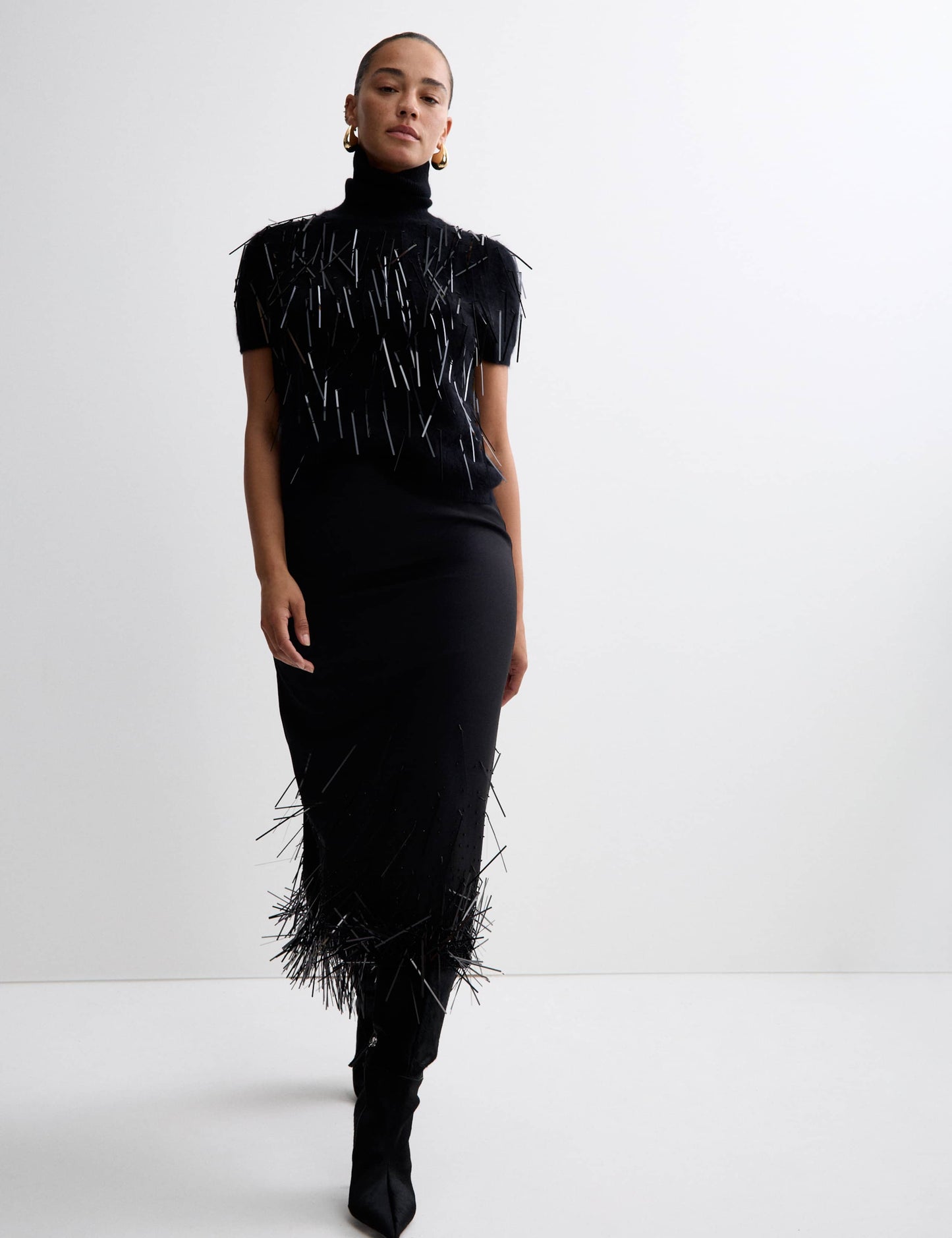 Wool Blend Embellished Tassel Midi Skirt