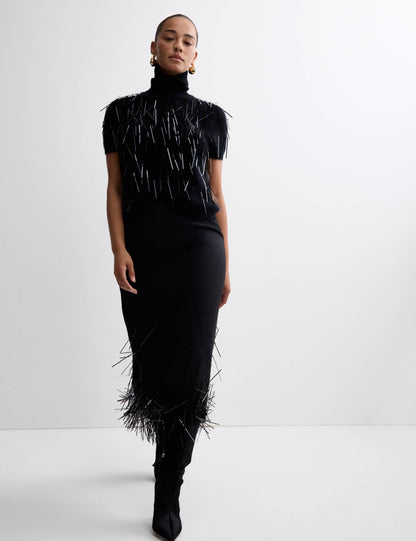 Wool Blend Embellished Tassel Midi Skirt