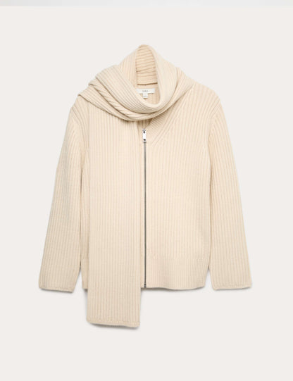 Wool Blend Ribbed Scarf Neck Zip Cardigan