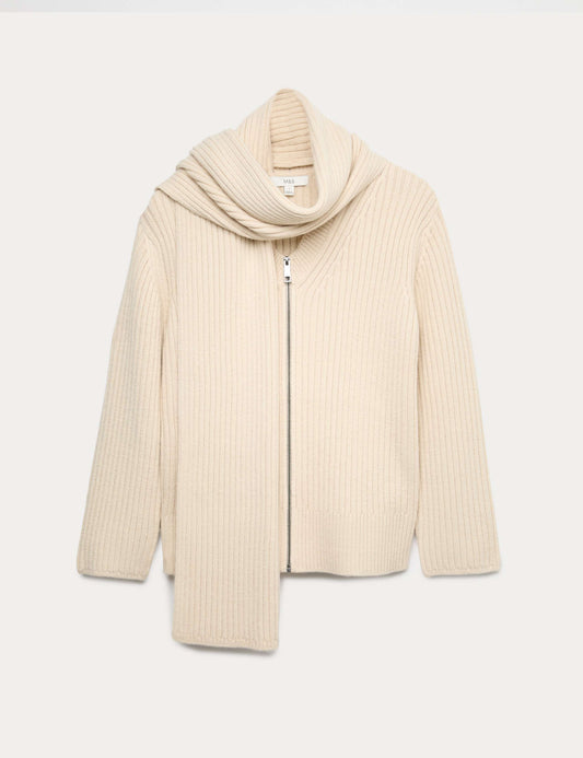 Wool Blend Ribbed Scarf Neck Zip Cardigan