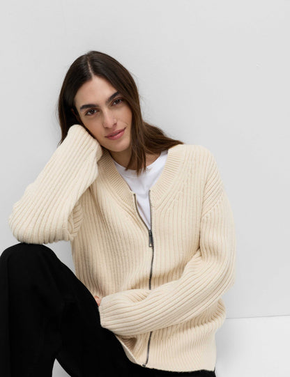 Wool Blend Ribbed Scarf Neck Zip Cardigan