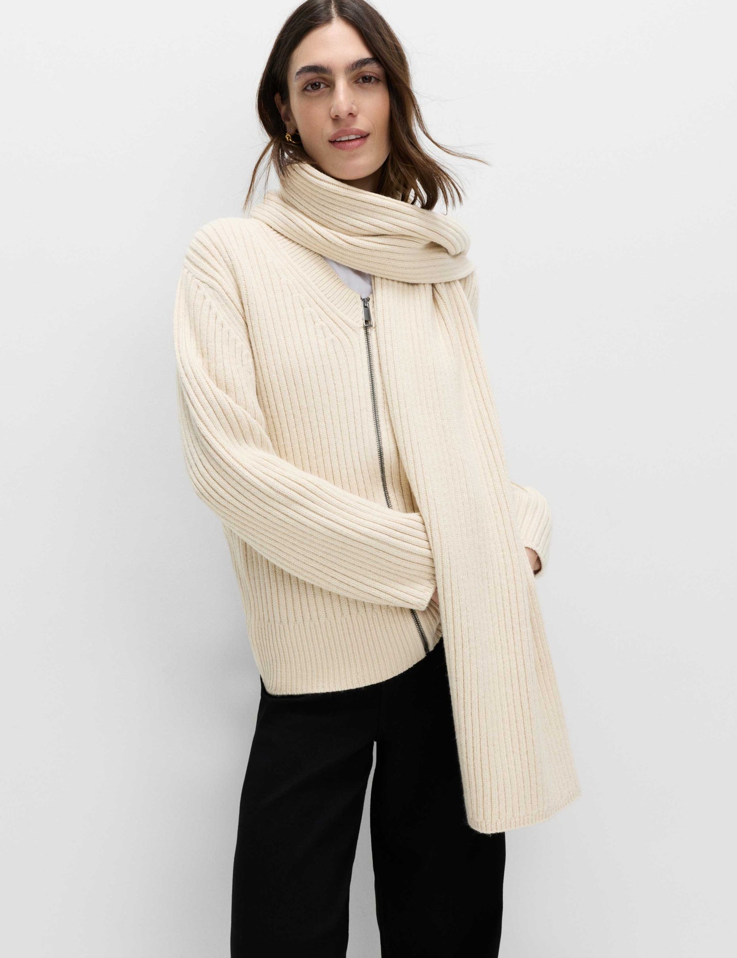 Wool Blend Ribbed Scarf Neck Zip Cardigan