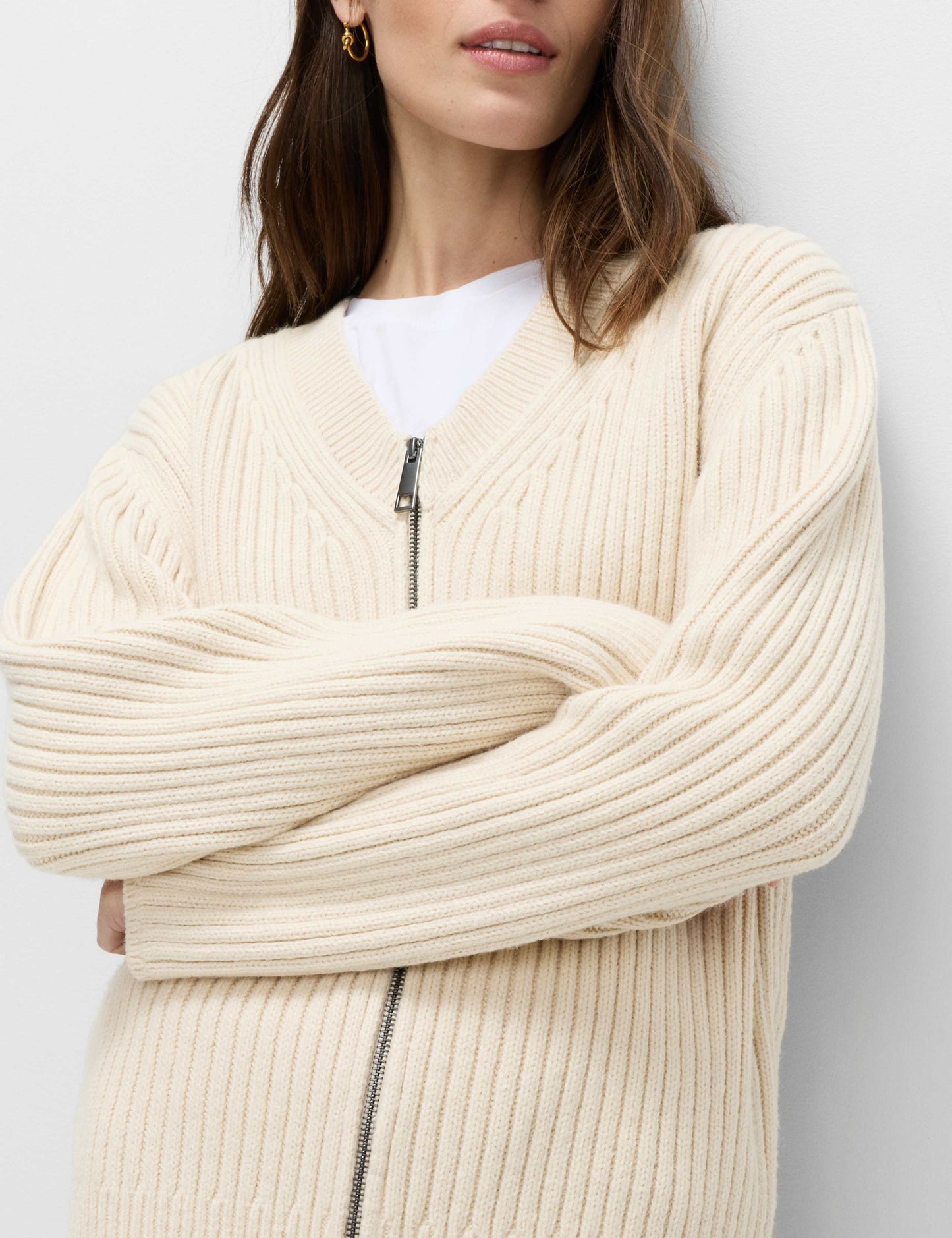 Wool Blend Ribbed Scarf Neck Zip Cardigan