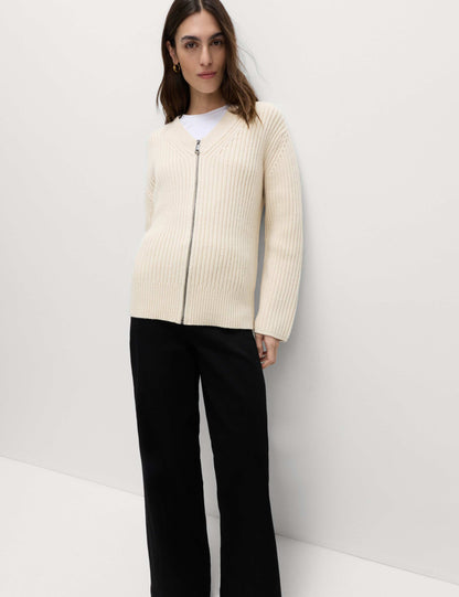 Wool Blend Ribbed Scarf Neck Zip Cardigan