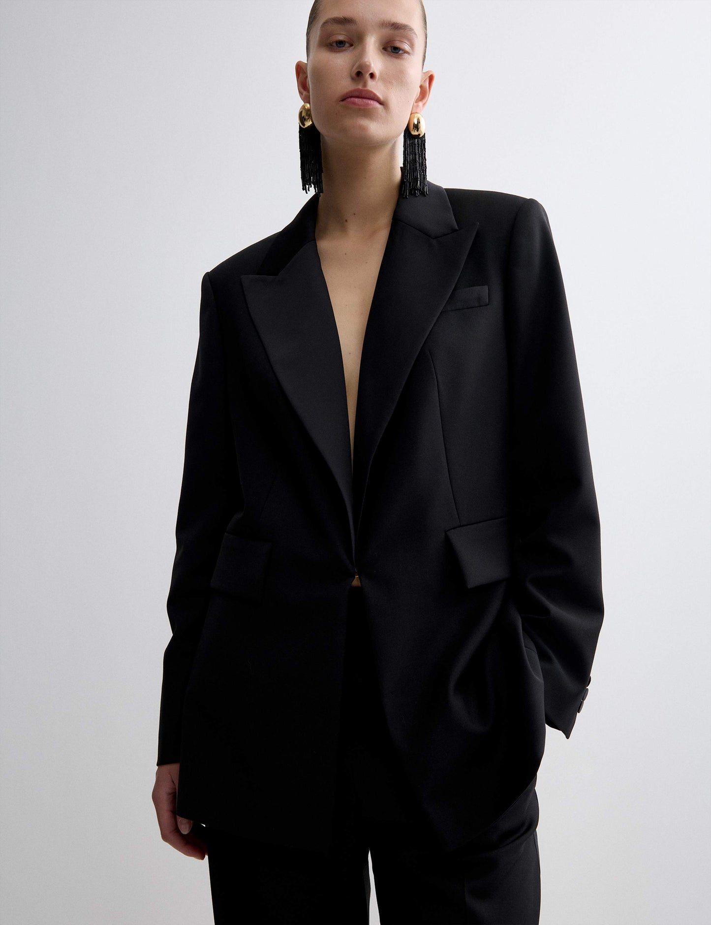 Wool Blend Satin Trim Tailored Blazer