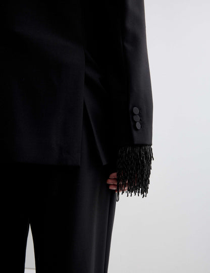 Wool Blend Satin Trim Tailored Blazer