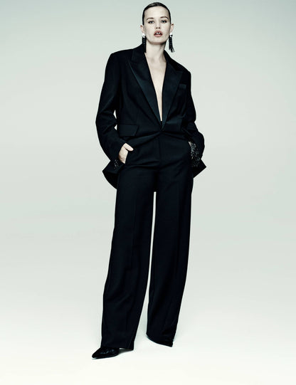 Wool Blend Satin Trim Tailored Blazer