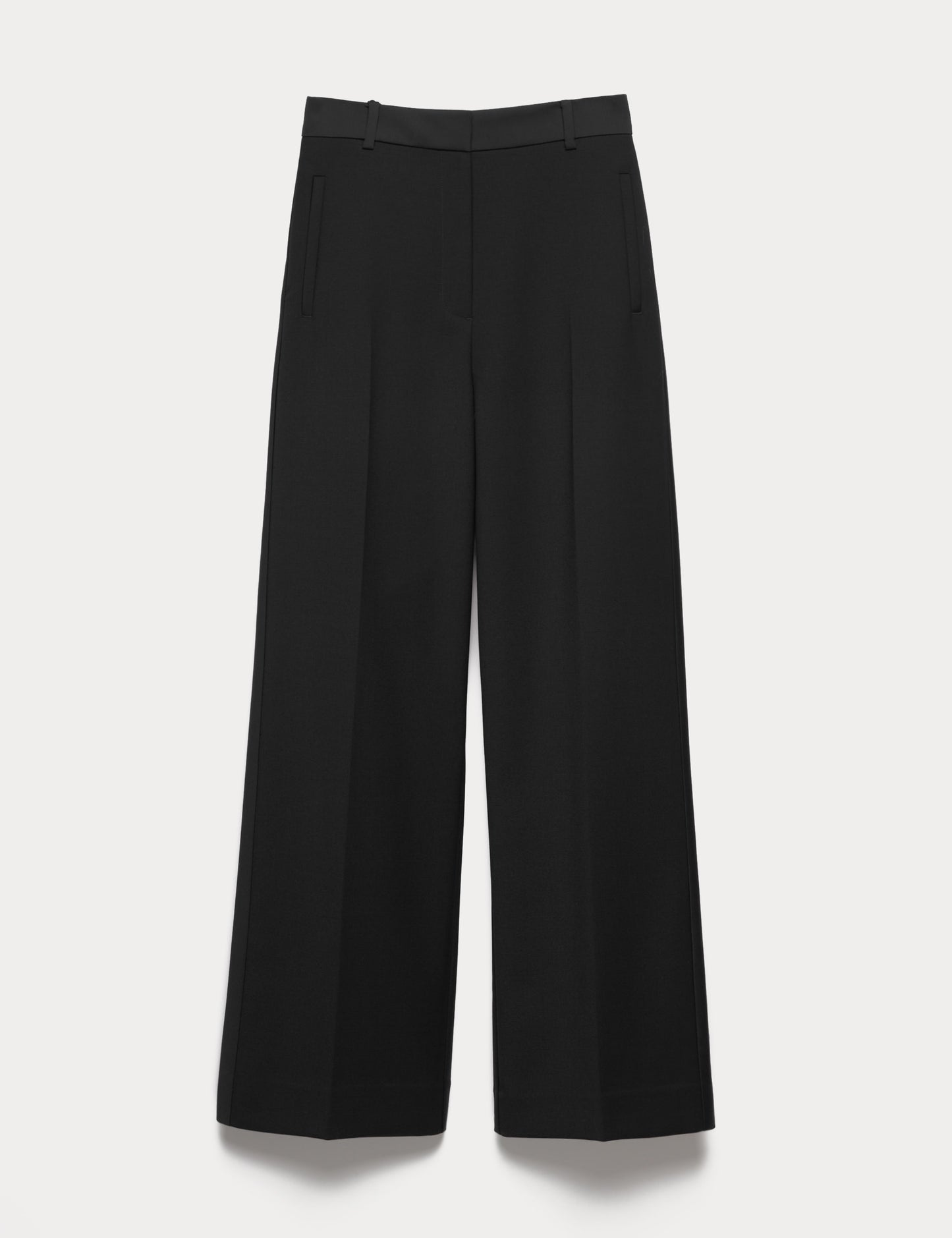Wool Blend Satin Trim Wide Leg Trousers