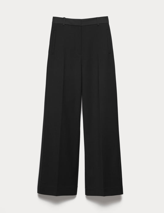 Wool Blend Satin Trim Wide Leg Trousers