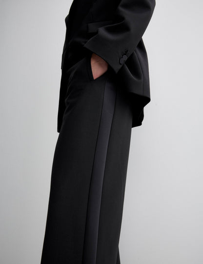 Wool Blend Satin Trim Wide Leg Trousers